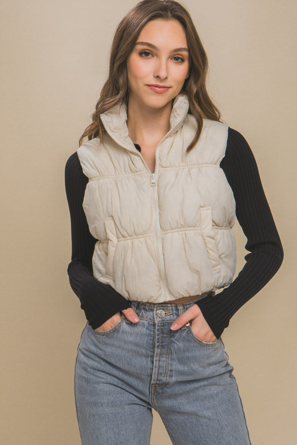 Love Tree Zip Up Turtleneck Cropped Vest Coat - Brittney MADE