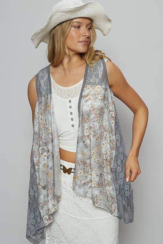 POL Lace Patchwork Floral Open Front Sleeveless Cardigan - Brittney MADE
