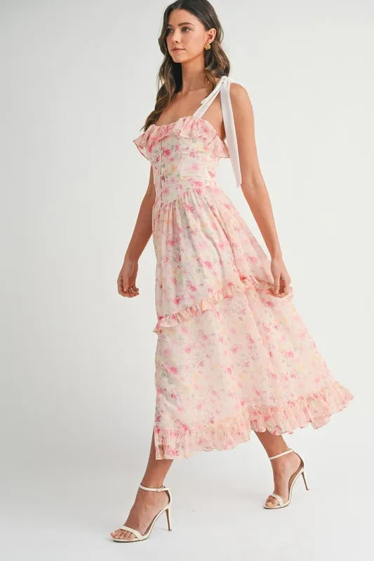MABLE Floral Printed Shoulder Strap Midi Dress - Brittney MADE