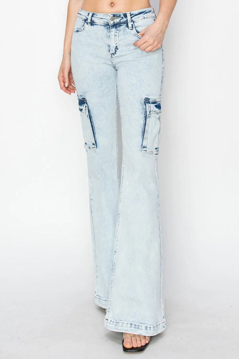 RISEN Full Size High Rise Cargo Flare Jeans - Brittney MADE