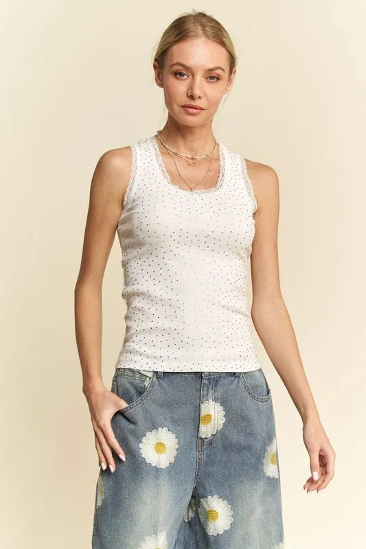 Davi & Dani Rhinestone Lace Trim Detail Tank - Brittney MADE