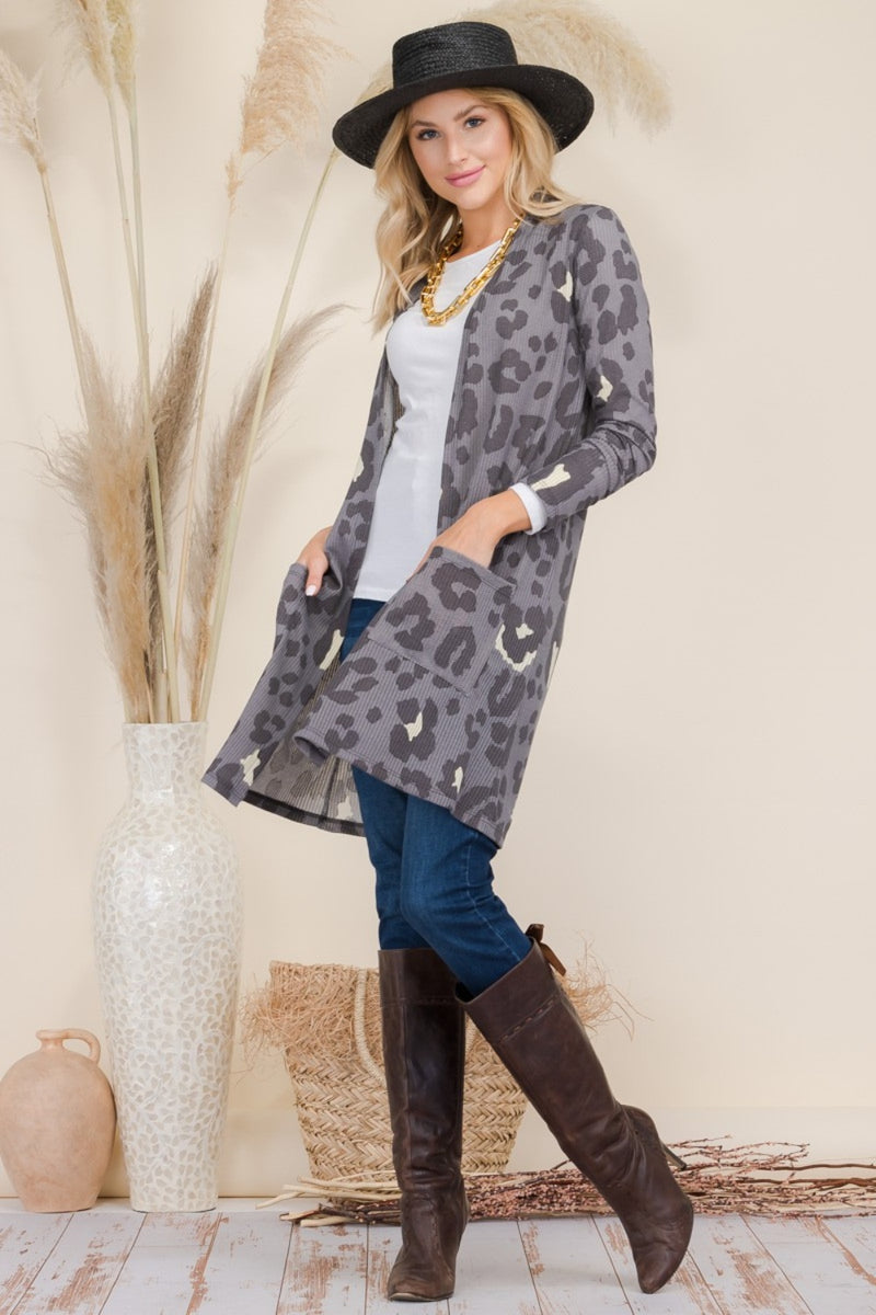 Celeste Full Size Leopard Open Front Contrast Cardigan - Brittney MADE