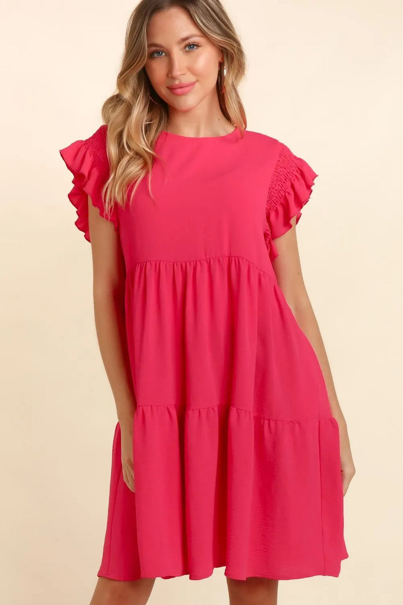 Haptics Full Size Smocking Ruffle Short Sleeve Dress with Pockets - Brittney MADE