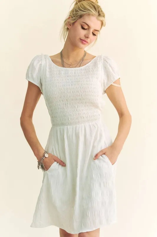 Davi & Dani Crossed Back Short Sleeve Dress with Pockets - Brittney MADE