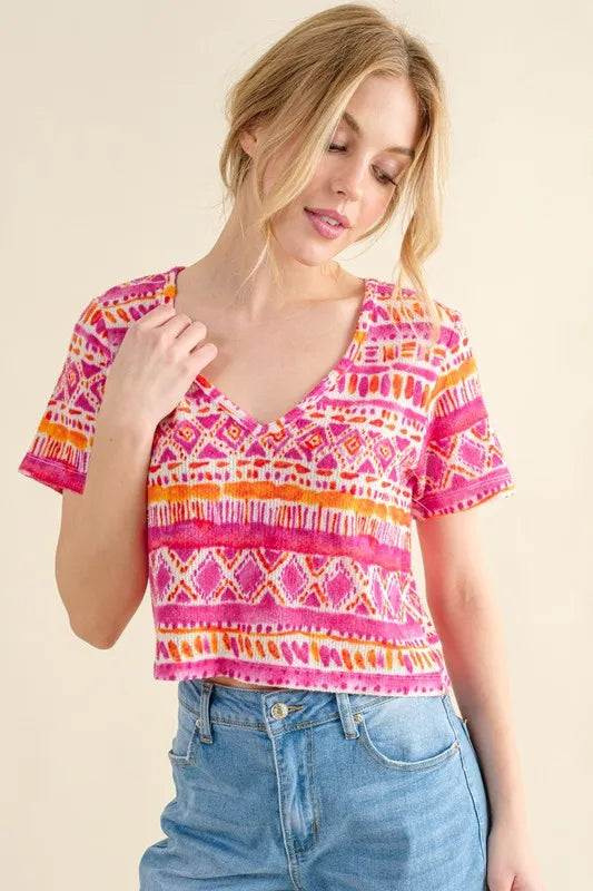 And The Why Printed V Neck Cropped T-Shirt - Brittney MADE