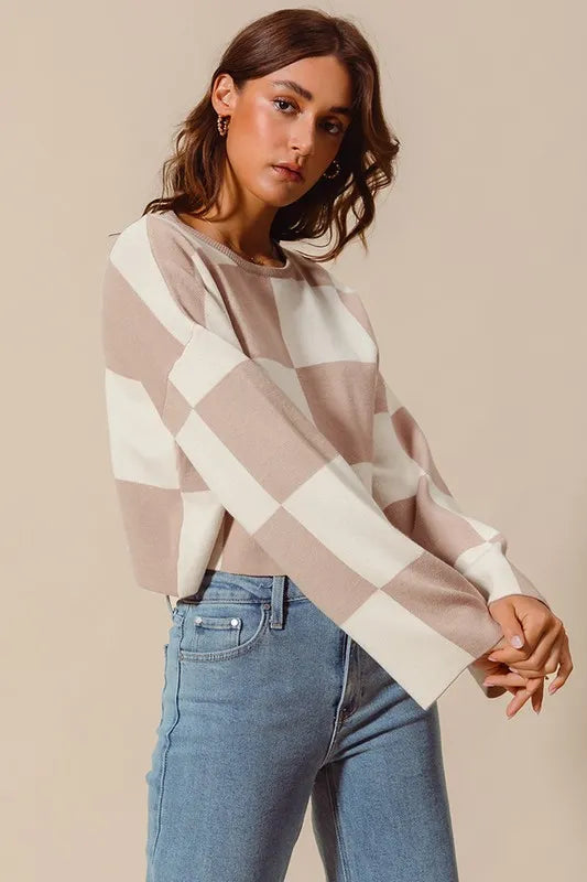 SO ME Checkered Crop Sweater with Bell Sleeves - Brittney MADE