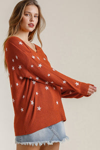 Umgee Full Size Star V-Neck Long Sleeve Sweater Plus Size - Brittney MADE