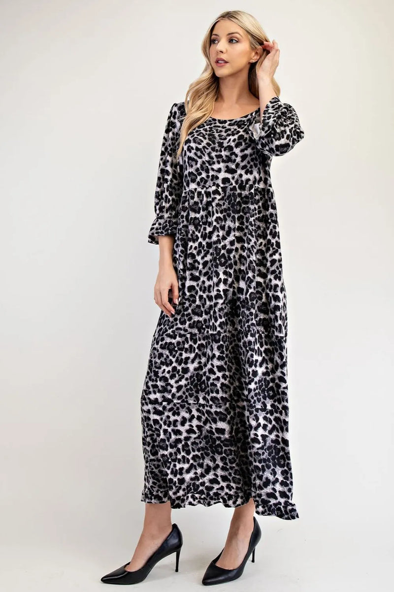 Celeste Full Size Leopard Round Neck Flounce Sleeve Dress - Brittney MADE