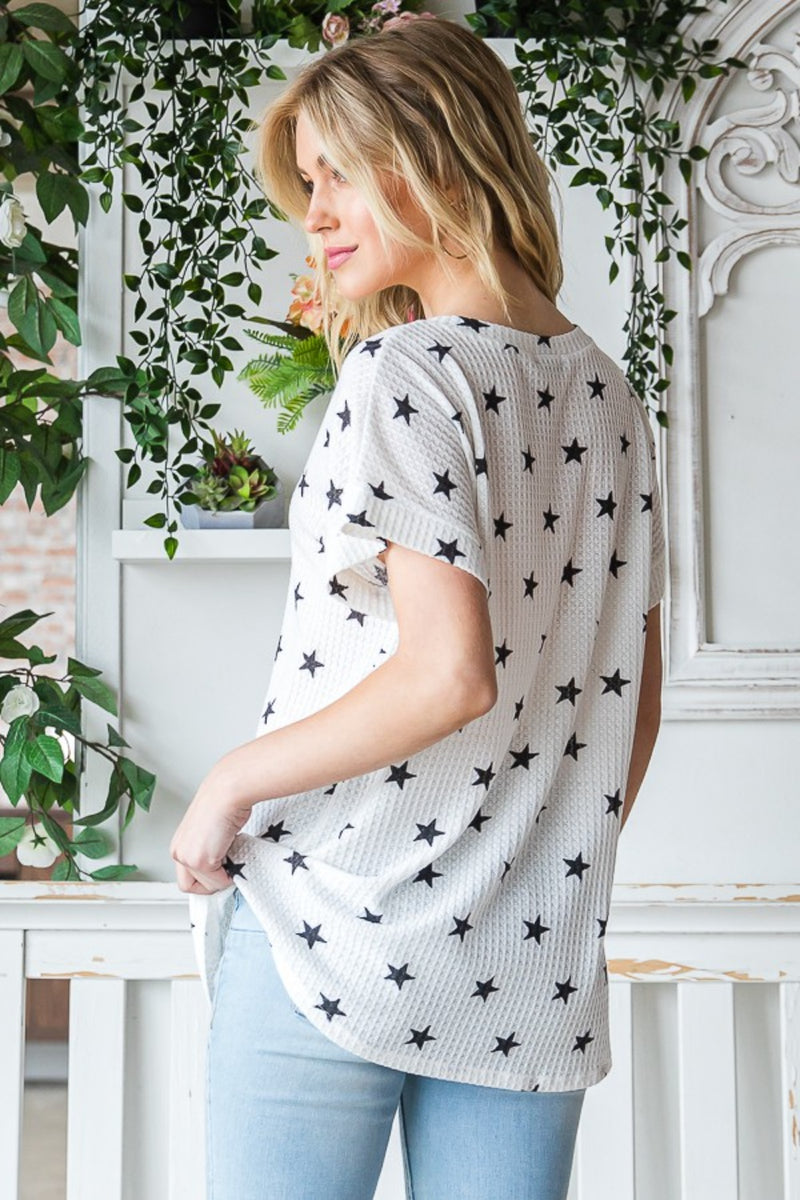 Heimish Full Size Star Print Short Sleeve V-Neck Waffle Knit T-Shirt - Brittney MADE