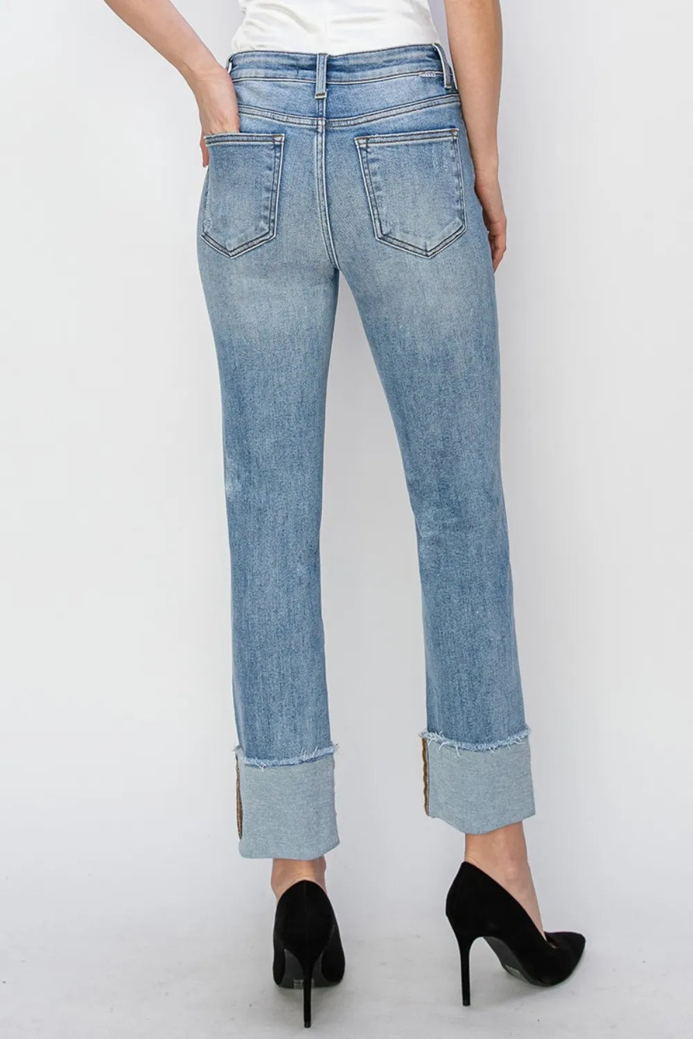 RISEN Full Size High Rise Cuffed Slim Straight Jeans - Brittney MADE