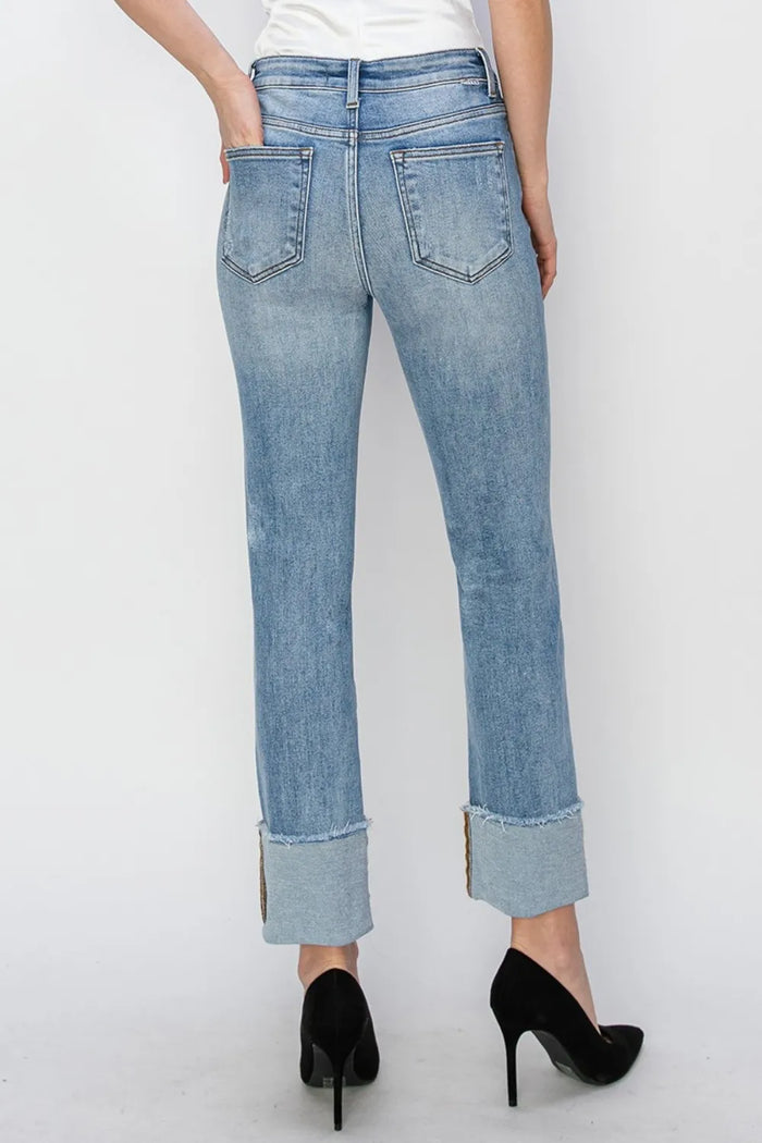 RISEN Full Size High Rise Cuffed Slim Straight Jeans - Brittney MADE