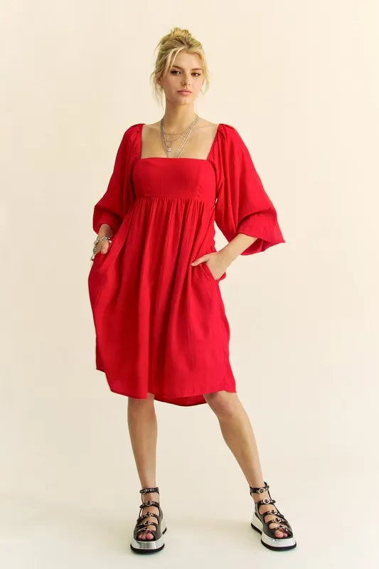 Davi & Dani Solid Textured Fabric Puff Sleeve Tie Back Dress - Brittney MADE
