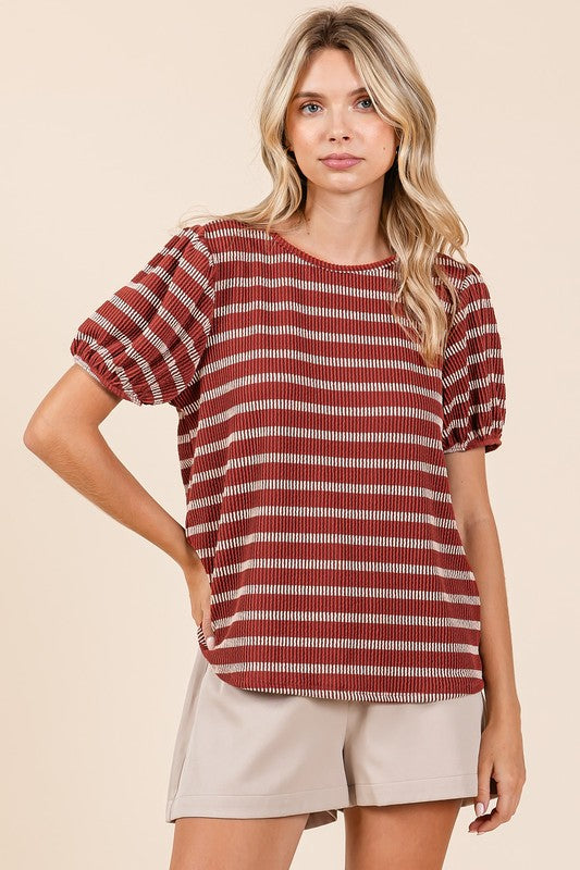 Mittoshop Contrast Striped Short Puff Sleeve Knit Top - Brittney MADE