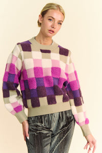 Davi & Dani Checkered Round Neck Long Sleeve Sweater - Brittney MADE