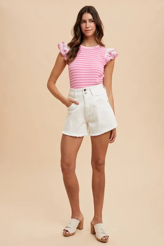 Annie Wear Ruffled Striped Round Neck Cap Sleeve Knit Top - Brittney MADE