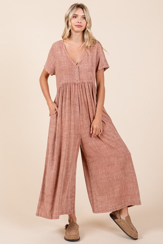 Mittoshop Mineral Wash Short Sleeve Flowy Wide Leg Jumpsuit - Brittney MADE