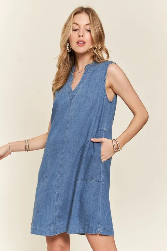 ADORA Notched Sleeveless Denim Dress with Pockets - Brittney MADE