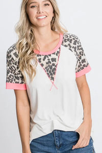 HeimishFull Size Leopard Round Neck Short Sleeve T-Shirt with Stitch Plus Size - Brittney MADE