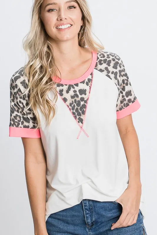 HeimishFull Size Leopard Round Neck Short Sleeve T-Shirt with Stitch Plus Size - Brittney MADE