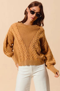 SO ME Mineral Washed Loose Fit Textured Cable Sweater - Brittney MADE