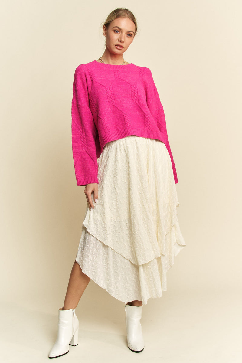 Davi & Dani Diamond Cable Pattern Drop Shoulder Sweater - Brittney MADE