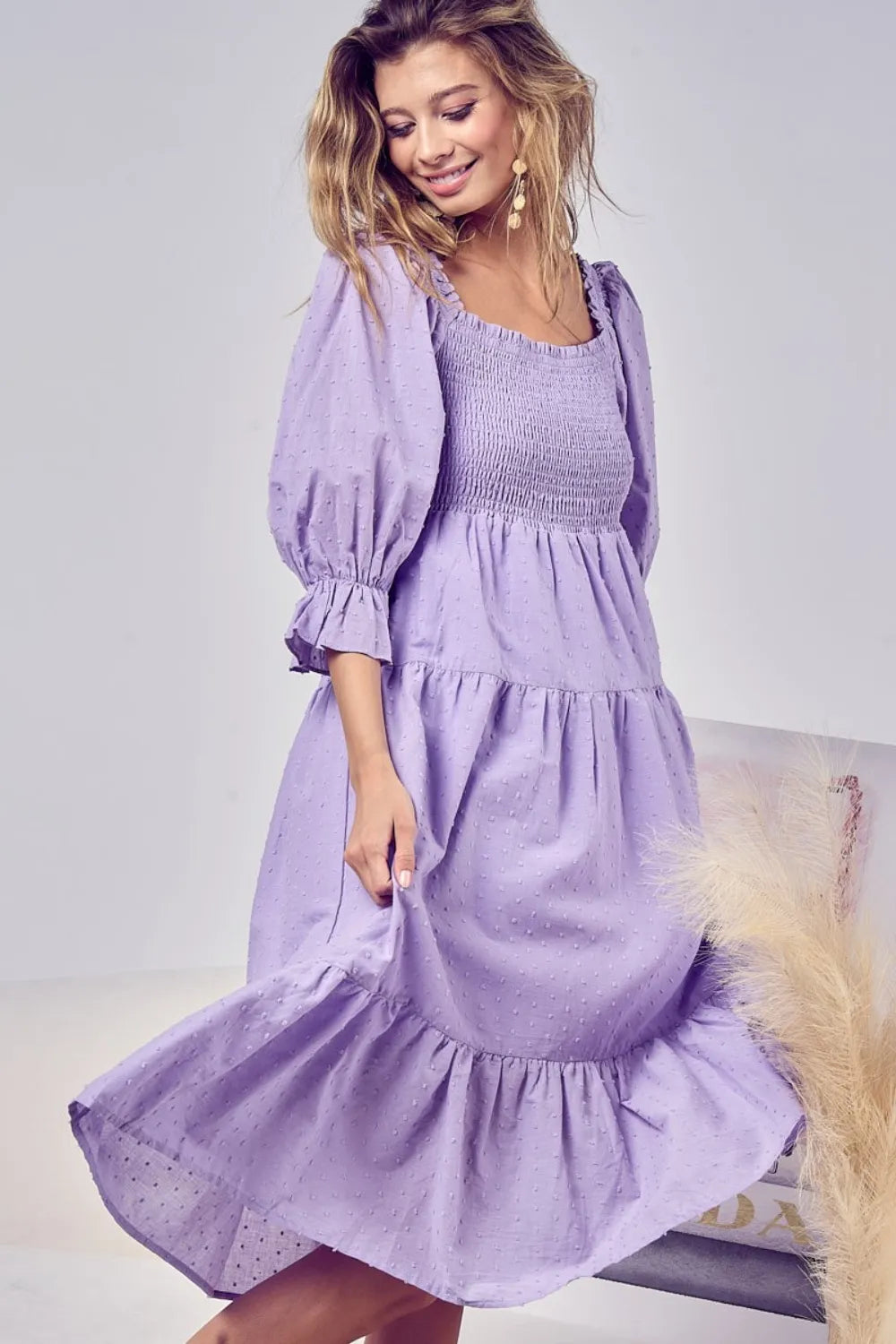 BiBi Swiss Dot Flounce Sleeve Smocked Tiered Midi Dress - Brittney MADE