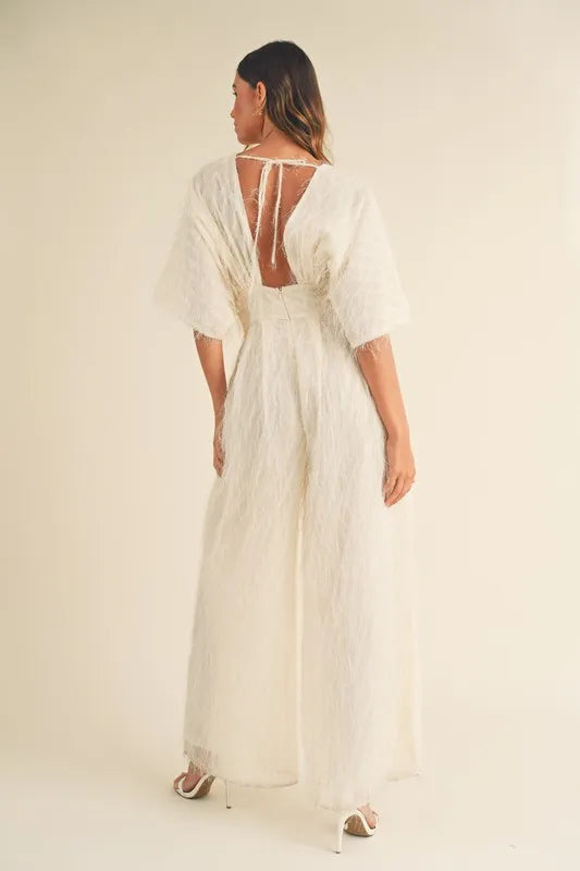 MABLE Fluffy Deep V Neck Wide Leg Jumpsuit - Brittney MADE