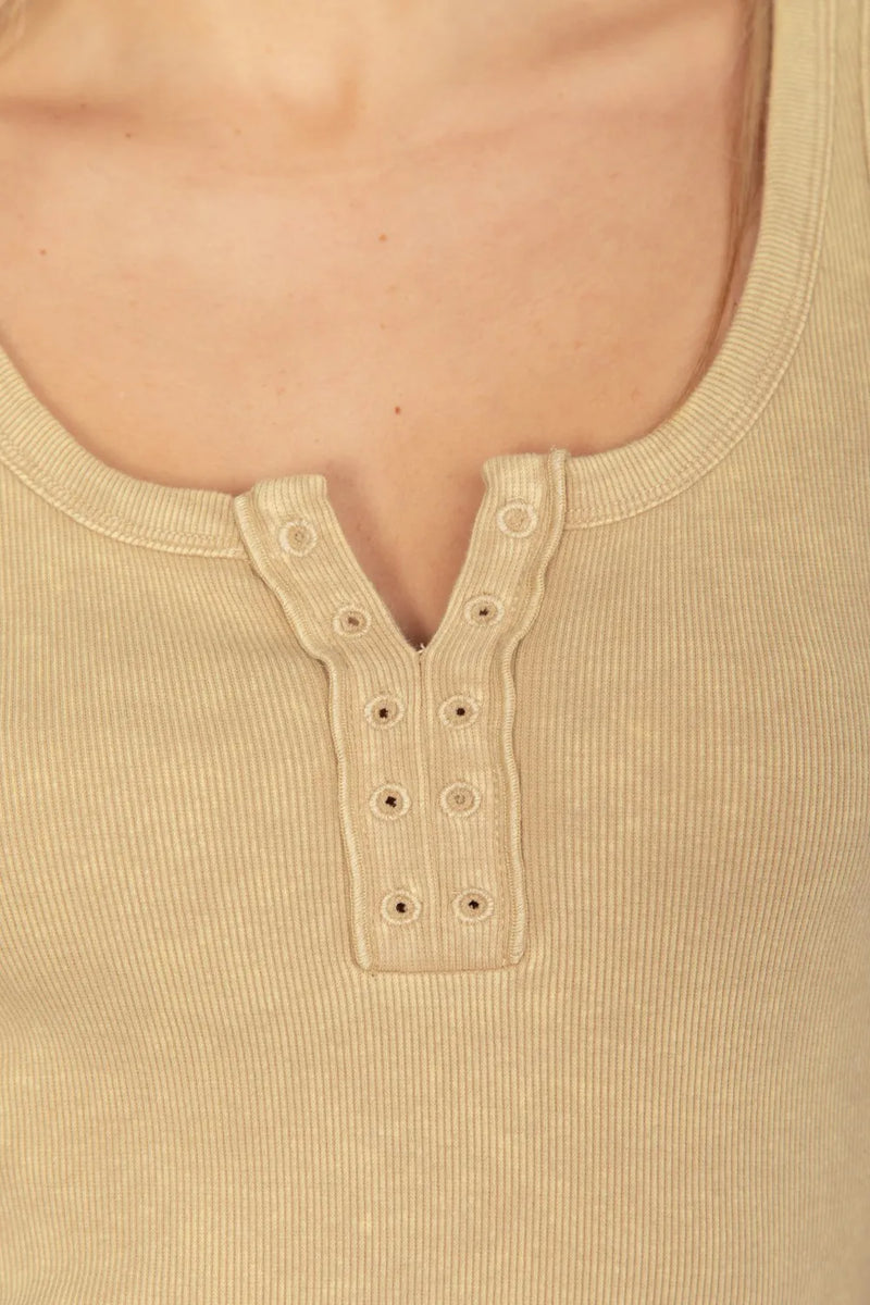 VERY J Washed Ribbed Tank with Placket Detail - Brittney MADE