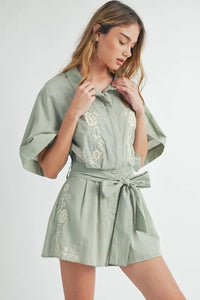 MABLE Embroidered Button Down Collared Neck Romper - Brittney MADE