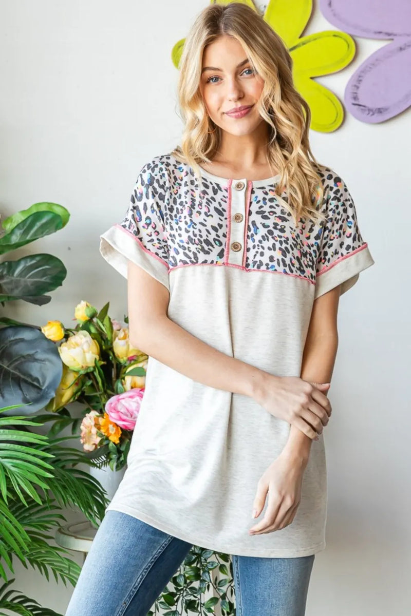 Heimish Full Size Exposed Seam Leopard Short Sleeve T-Shirt - Brittney MADE