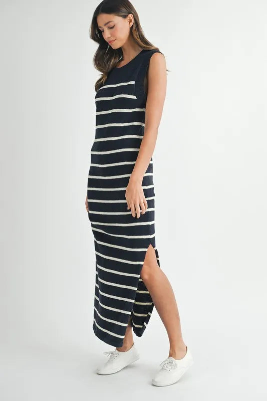 MABLE Sleeveless Stripe Sweater Maxi Side Slit Dress - Brittney MADE