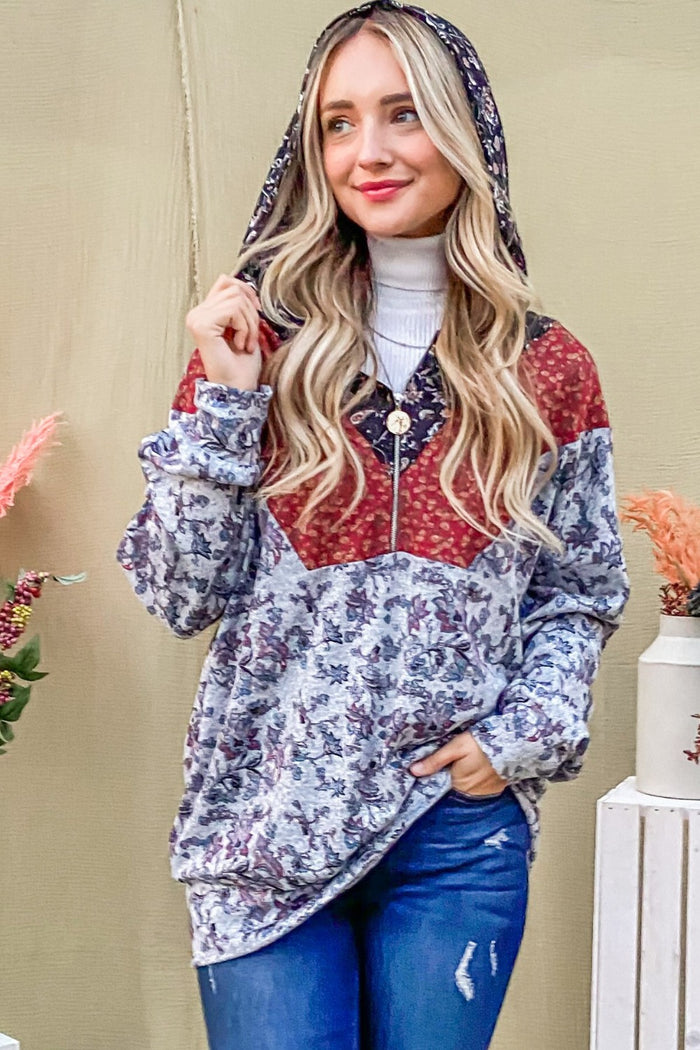 And The Why Printed Half Zip Up Long Sleeve Hoodie - Brittney MADE