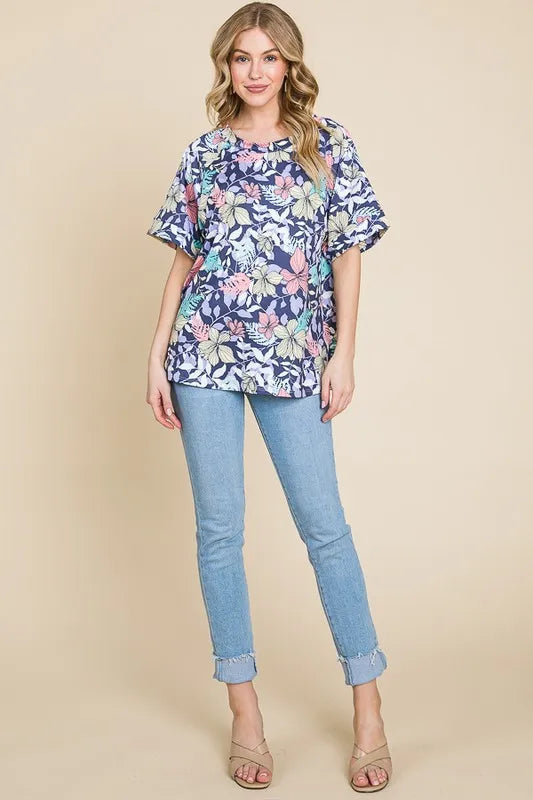 BOMBOM Floral Round Neck Short Sleeve T-Shirt - Brittney MADE