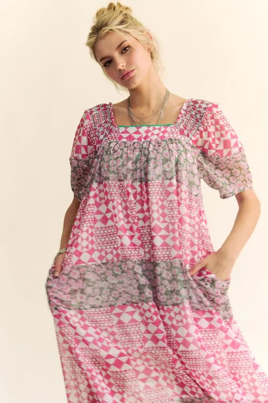 Davi & Dani Multi Floral Square Neck Puff Sleeve Maxi Dress - Brittney MADE