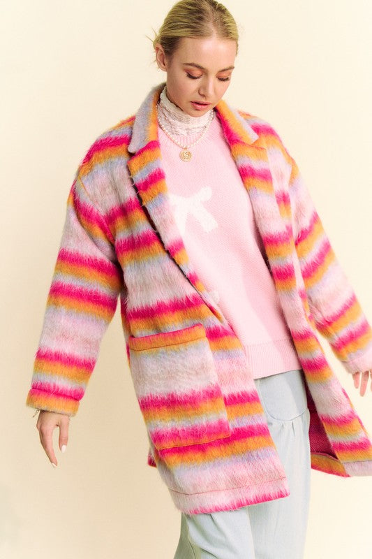 Davi & Dani Contrast Striped Open Front Coat with Pockets - Brittney MADE