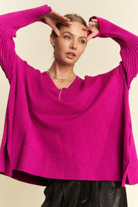 Davi & Dani Ribbed Side Slit V-Neck Sweater - Brittney MADE