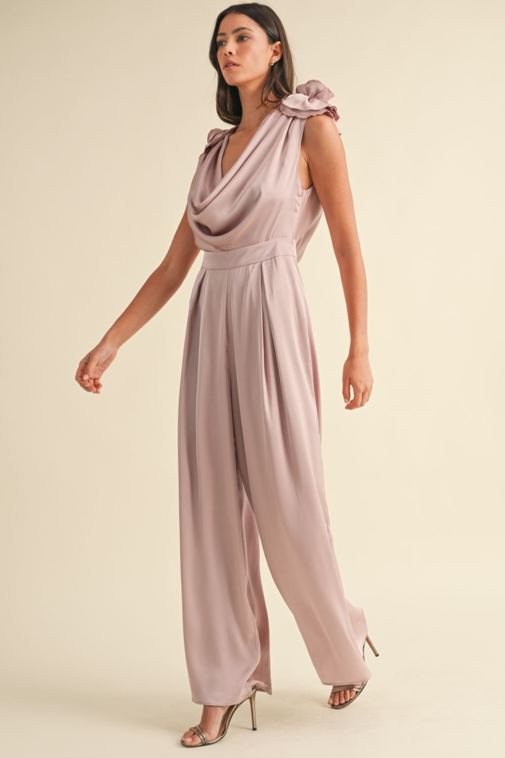 MABLE 3D Floral Applique Deep Cowl Neck Jumpsuit - Brittney MADE