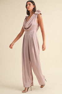 MABLE 3D Floral Applique Deep Cowl Neck Jumpsuit - Brittney MADE
