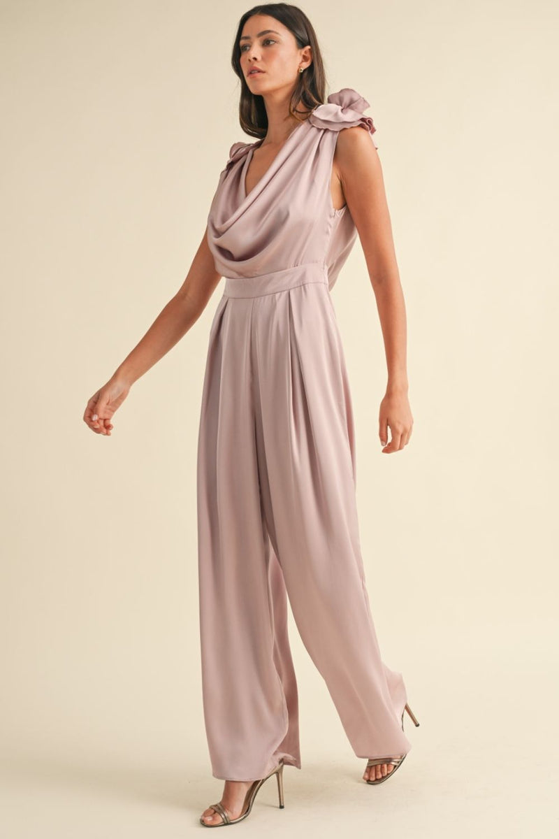 MABLE 3D Floral Applique Deep Cowl Neck Jumpsuit - Brittney MADE