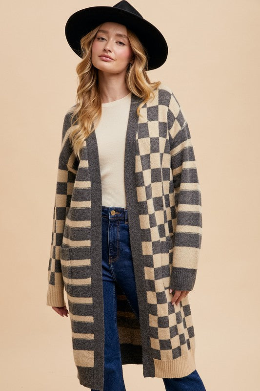 Annie Wear Checkered & Striped Open Front Long Sleeve Cardigan - Brittney MADE