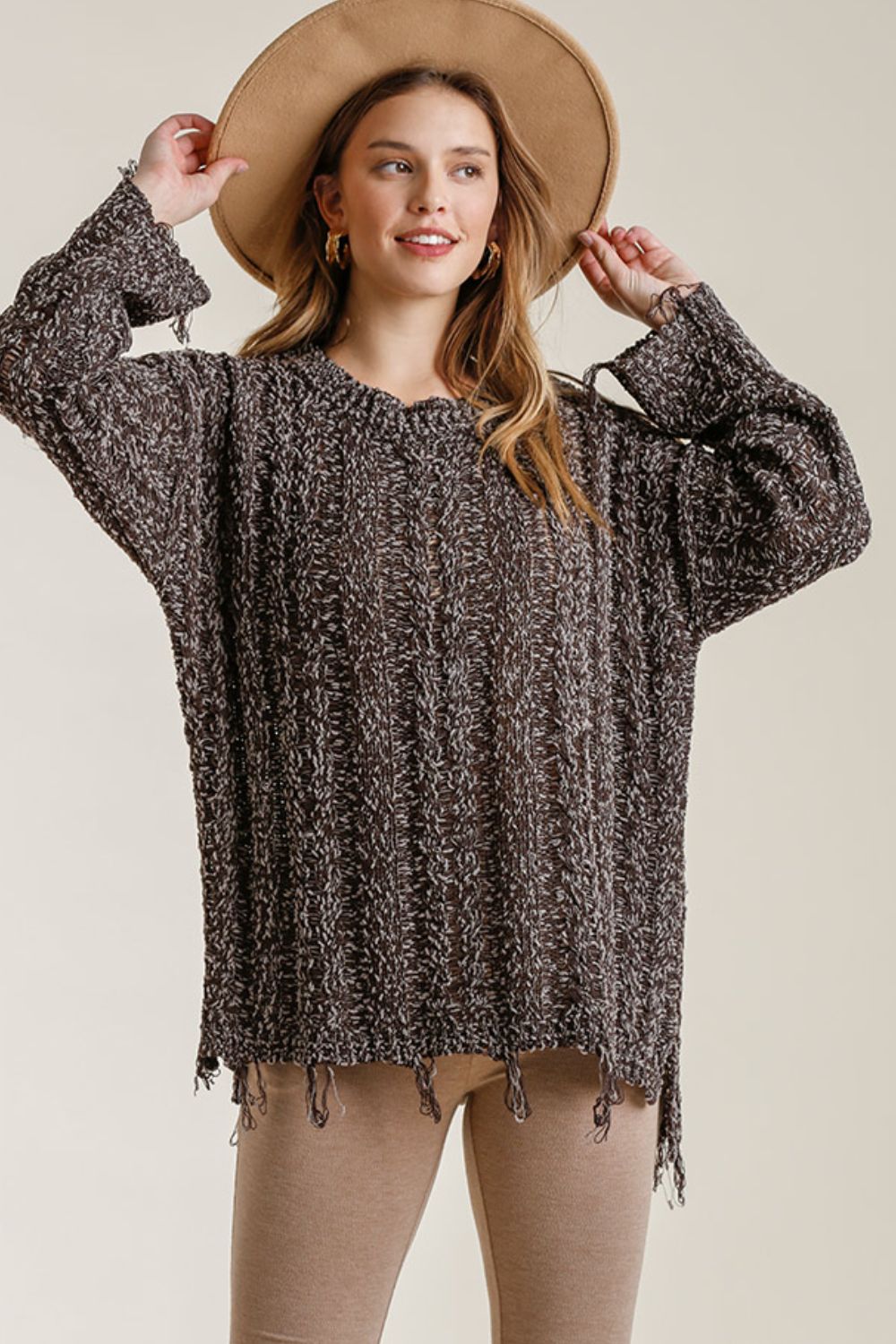Umgee Full Size Frayed Hem Cable Knit Round Neck Sweater Plus Size - Brittney MADE