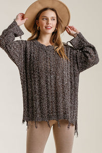 Umgee Full Size Frayed Hem Cable Knit Round Neck Sweater Plus Size - Brittney MADE