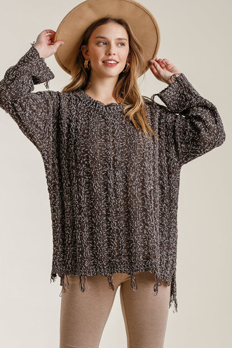 Umgee Full Size Frayed Hem Cable Knit Round Neck Sweater Plus Size - Brittney MADE
