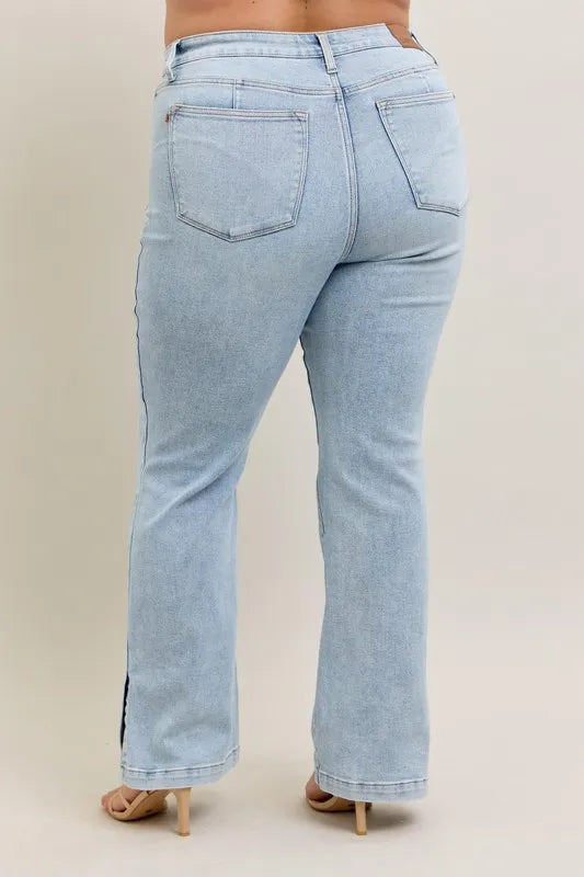 Judy Blue Full Size Tummy Control Vintage Wash Side Slit Slim Boot Jeans Plus Size - Brittney MADE