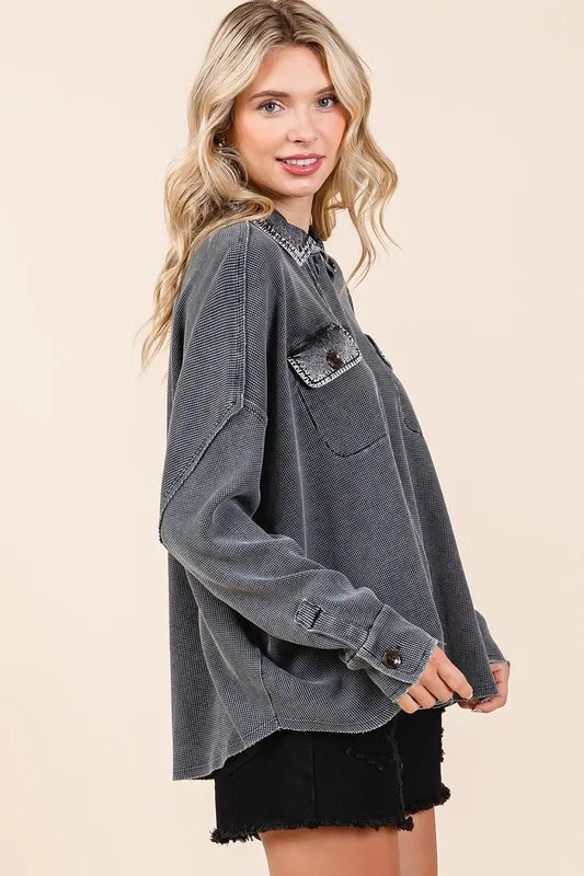 Mittoshop Mineral Wash Waffle Knit Collared Neck Henley Top - Brittney MADE