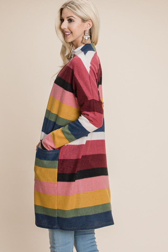 BOMBOM Color Block Striped Open Front Cardigan - Brittney MADE