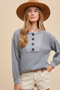 Annie Wear Half Button Ribbed Hem Sweater - Brittney MADE