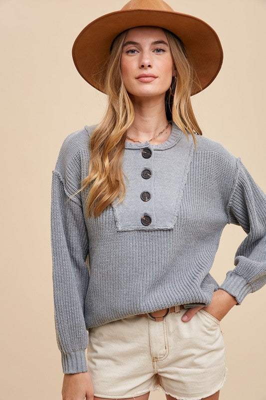 Annie Wear Half Button Ribbed Hem Sweater - Brittney MADE