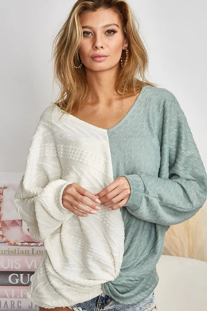 BiBi Twist Front Contrast Cable Knit Top - Brittney MADE