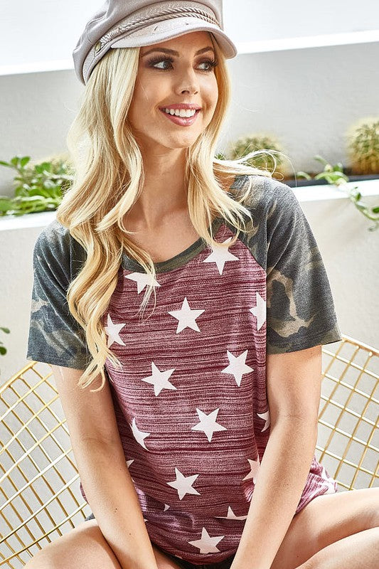 BiBi Star Round Neck Camouflage Short Sleeve T-Shirt - Brittney MADE